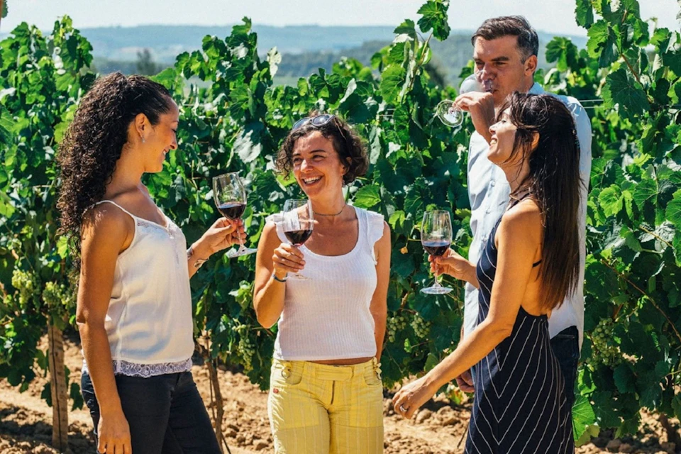 Customers in the winery with wine tasting