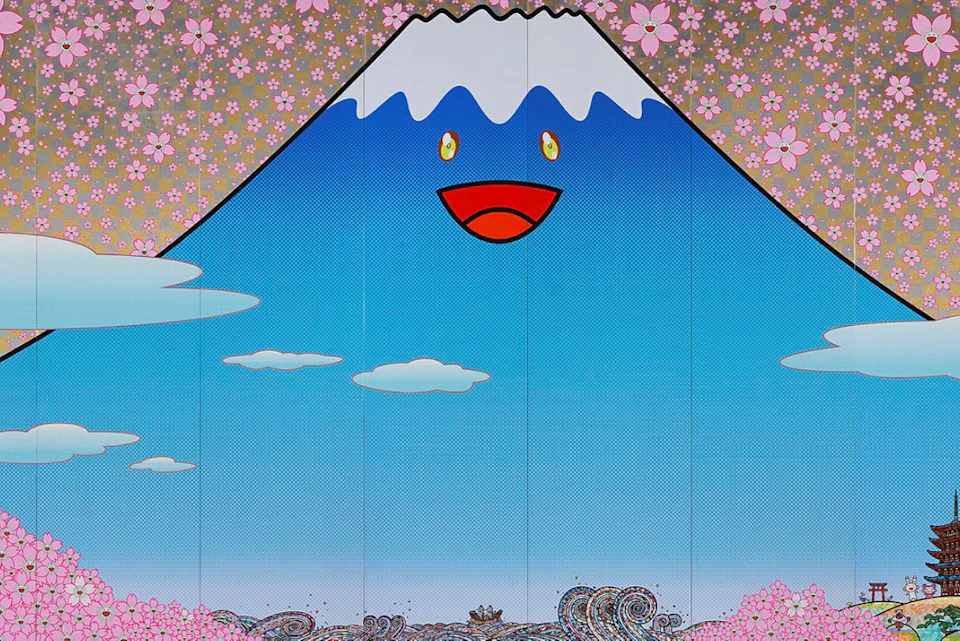 A stylized depiction of Mount Fuji with a smiling face, surrounded by cherry blossoms, clouds, and waves in a colorful setting.