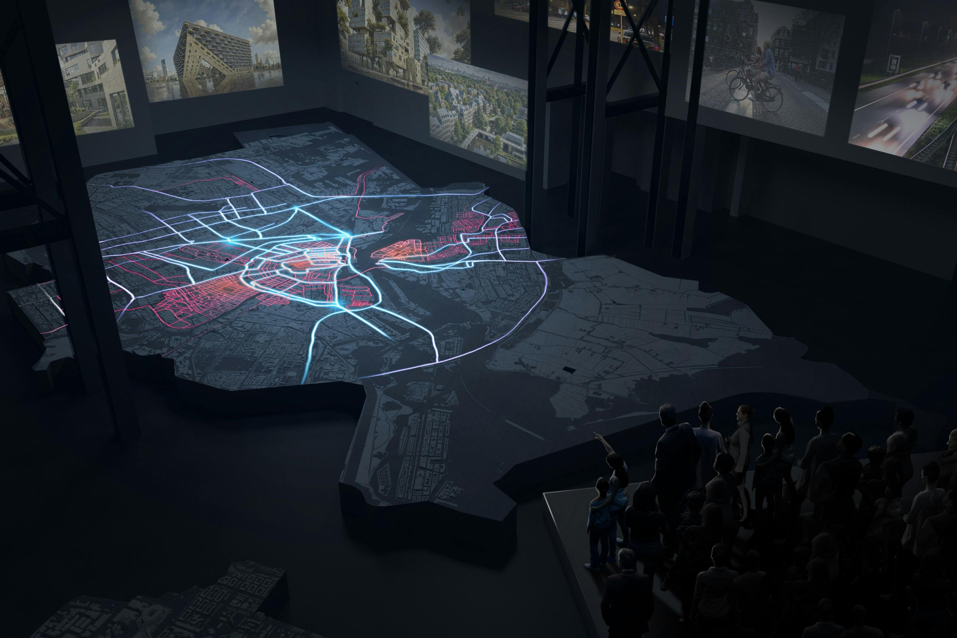 一群人看着一个大型照明城市地图显示屏。 周围的墙壁上有多个屏幕显示城市景观。