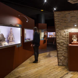 En museiutställning med antika artefakter i upplysta montrar, där en besökare tittar på föremålen.