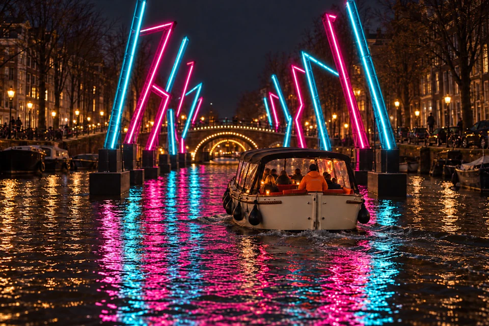 A boat on a canal lit by colorful neon lights, with a lit bridge in the background during nighttime.
