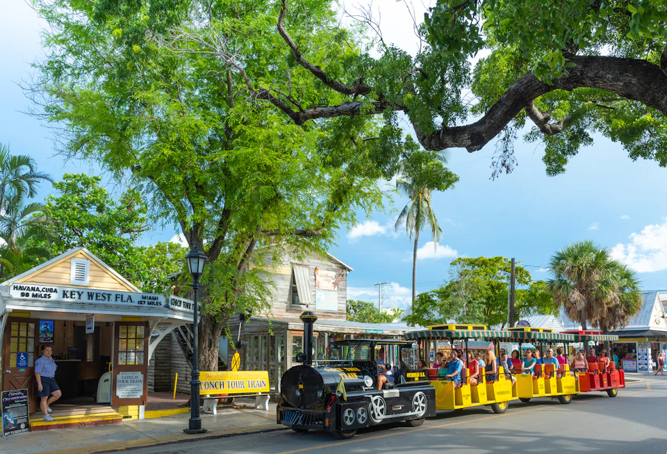 A bright yellow open-air train carries passengers on a tour through a tree-lined street with historic buildings in the background.
