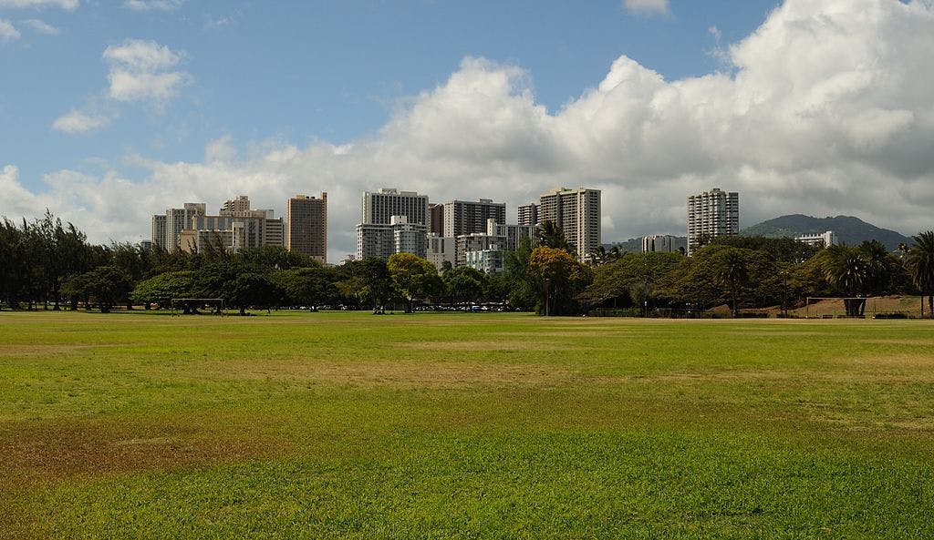 Ένας ορίζοντας της πόλης με ψηλά κτίρια που φαίνονται από ένα ευρύ, καταπράσινο πάρκο κάτω από έναν εν μέρει συννεφιασμένο ουρανό. Δέντρα παρατάσσονται στην άκρη του πάρκου.