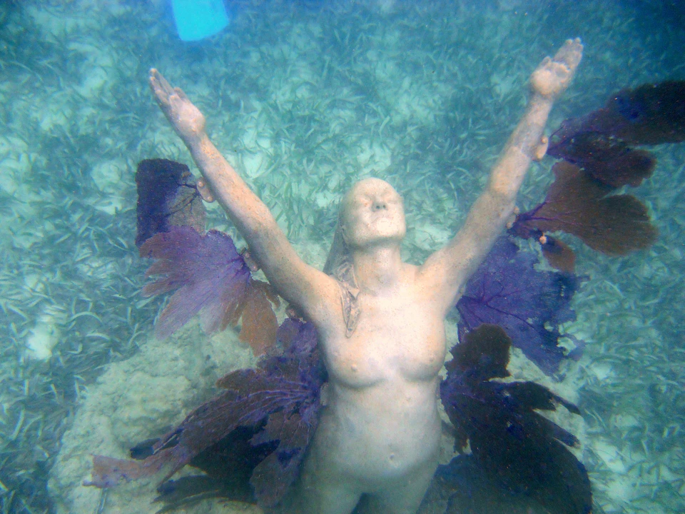 A submerged sculpture of a human figure with outstretched arms surrounded by aquatic plants, in an underwater environment.