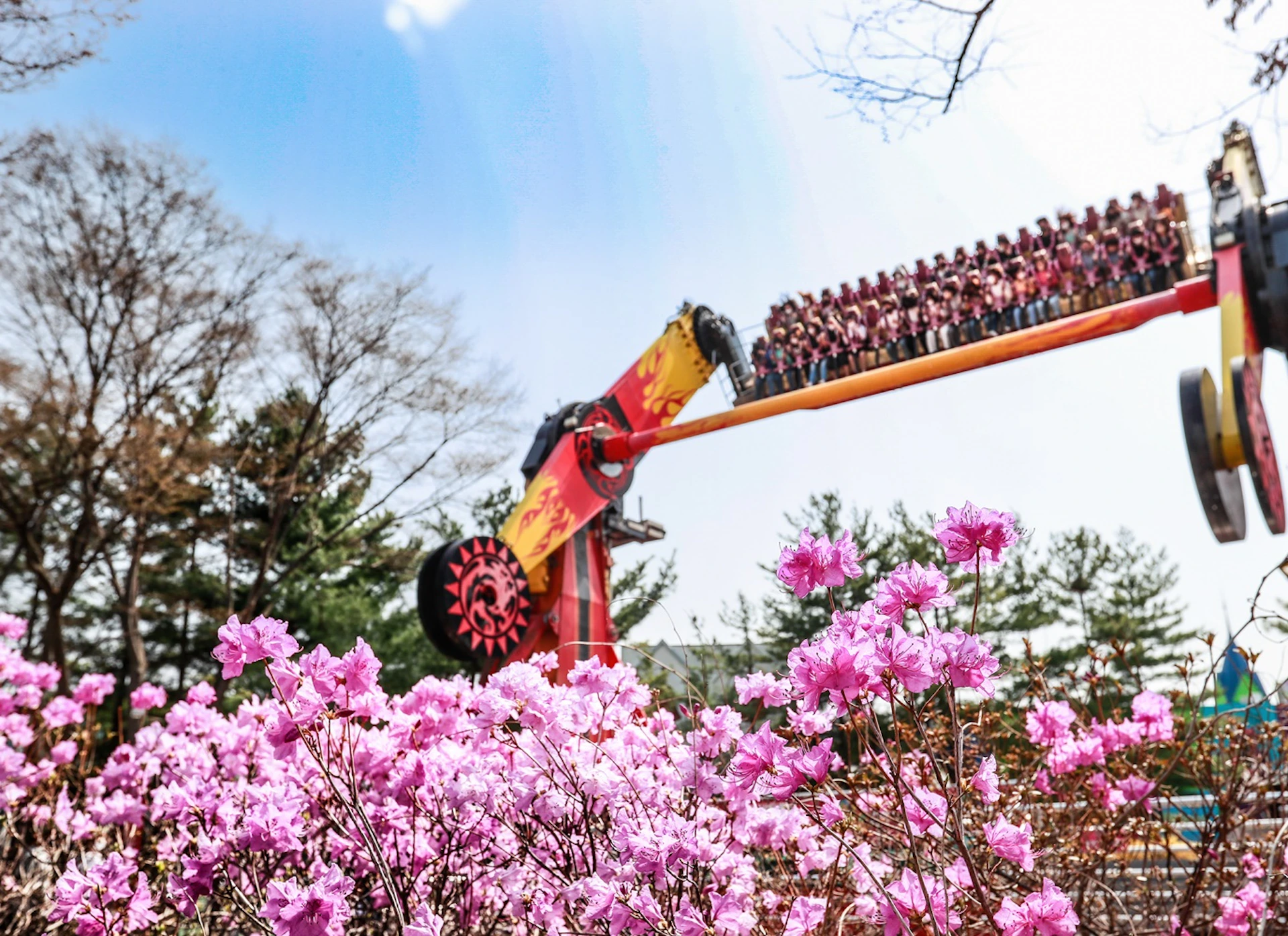 A vibrant amusement park scene showing a ride with seated people in motion, with flowers and trees in the foreground.