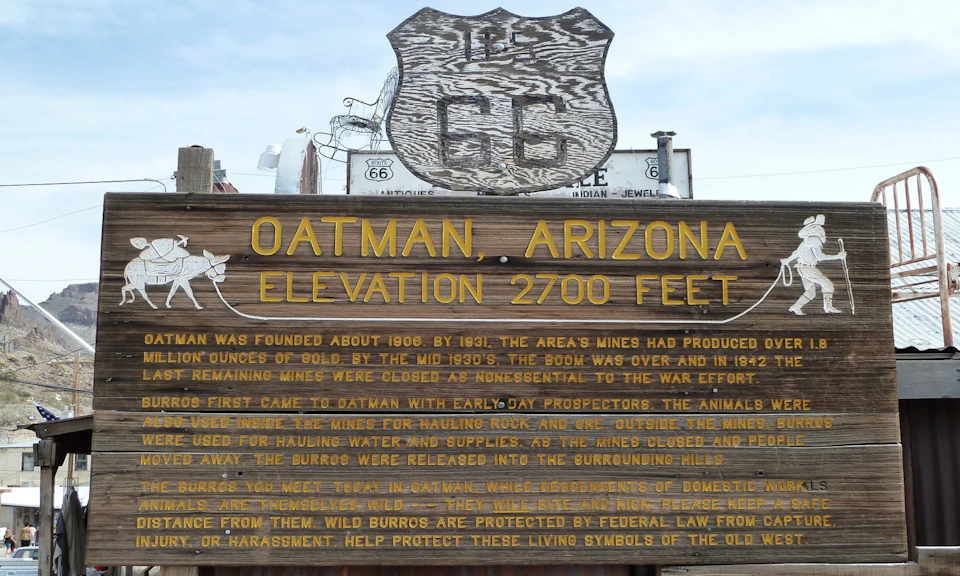 Wooden sign for Oatman, Arizona, elevation 2700 feet, with text explaining the town's historic mining background and wild burros.