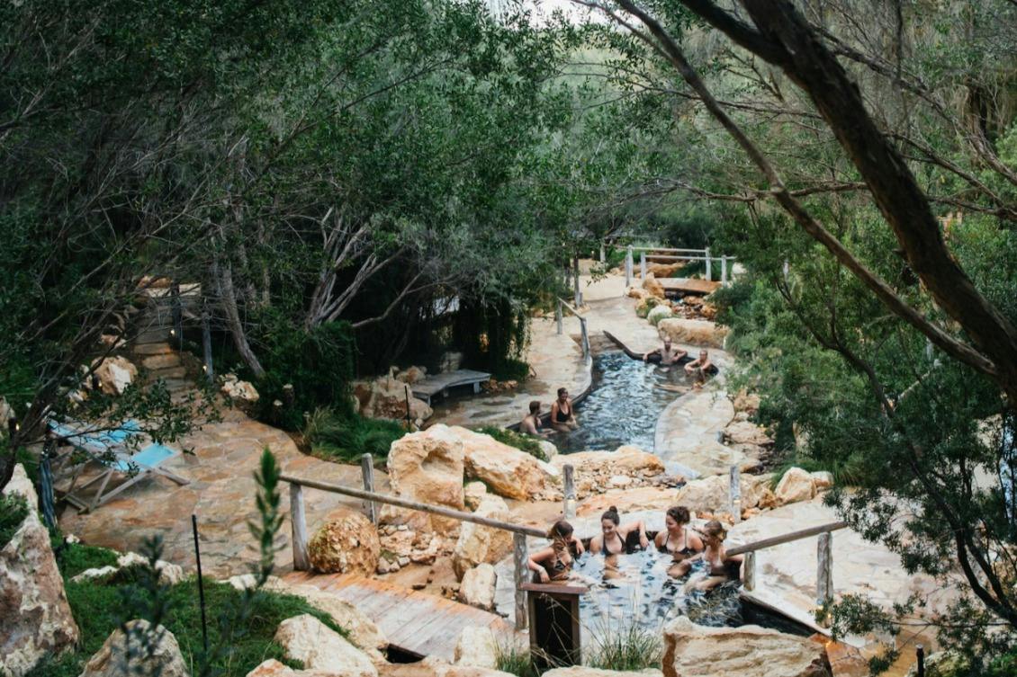 People relaxing in natural hot spring pools surrounded by trees and rocks on a sunny day.
