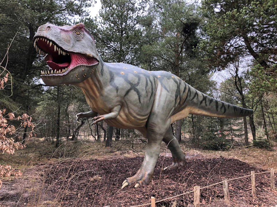 A large, lifelike dinosaur statue with an open mouth stands in a wooded area. Trees and vegetation surround the statue.