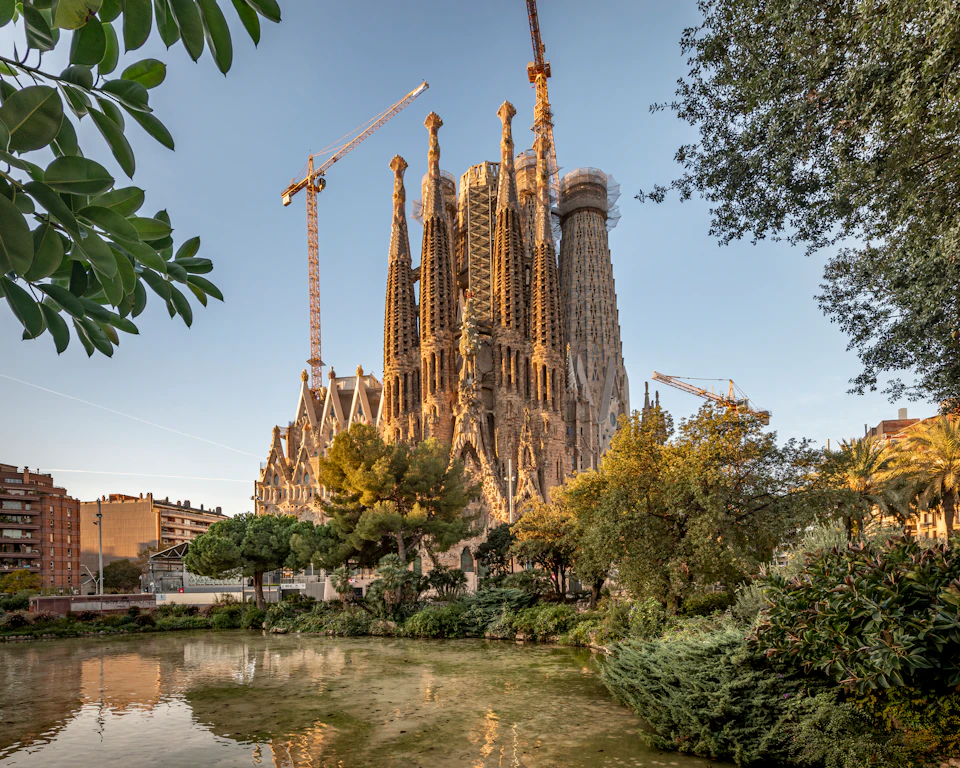 View of a large, intricate cathedral with scaffolding and cranes, surrounded by trees and a pond in the foreground, under a clear sky.