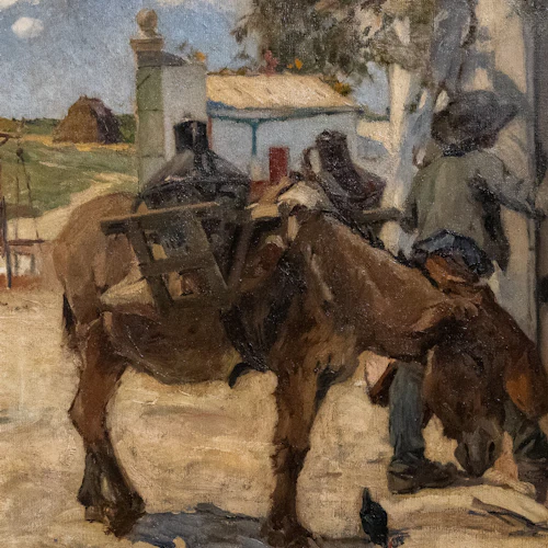 En målning av en åsna med en packsadel, en man i närheten och en rustik lantlig miljö med en byggnad och träd.