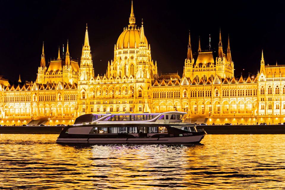 A brightly lit cruise boat on a river at night with a large illuminated historic building in the background.