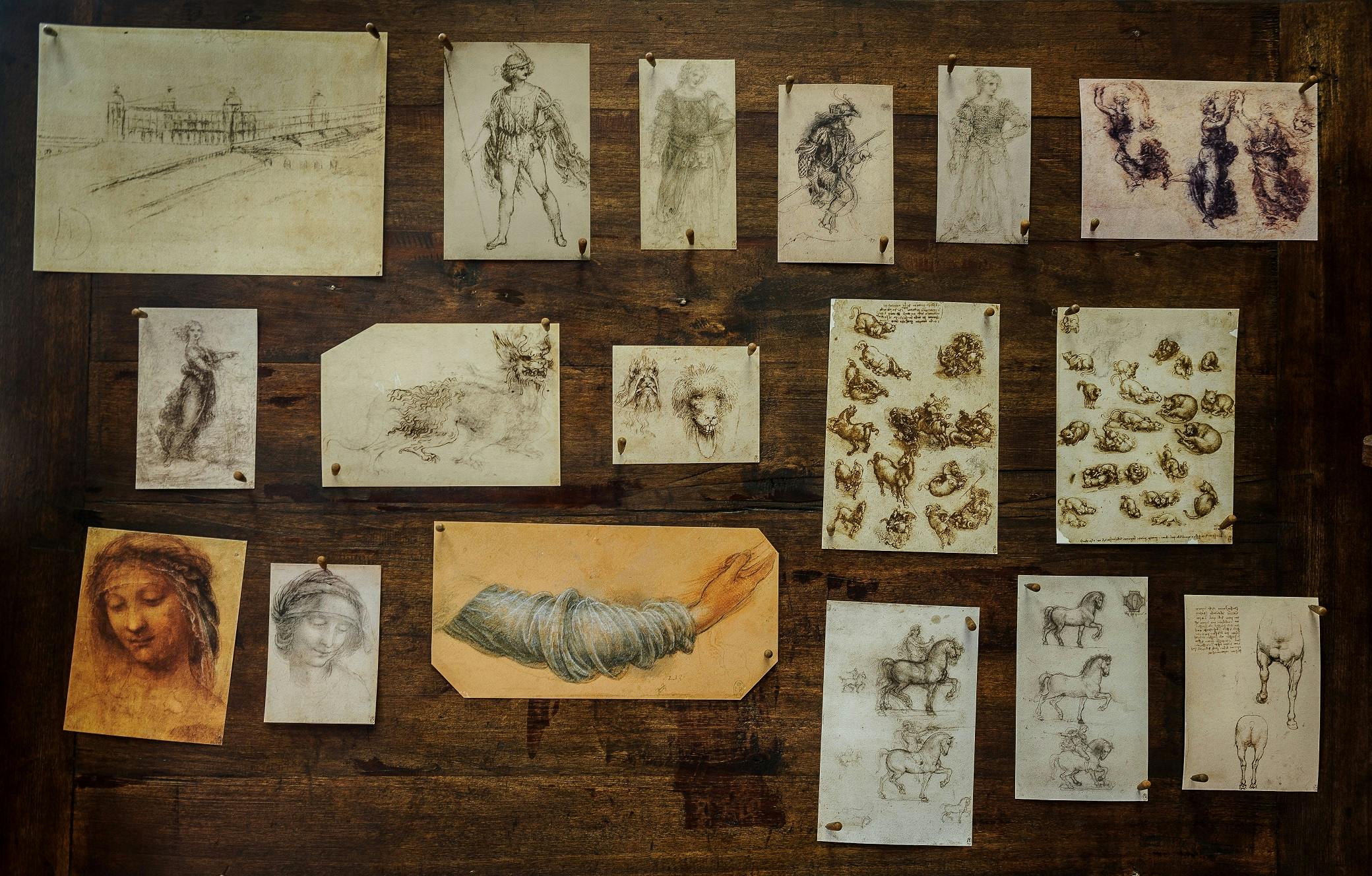 A wooden wall with various aged sketches and drawings pinned up, including human figures, an arm, and a woman's face.