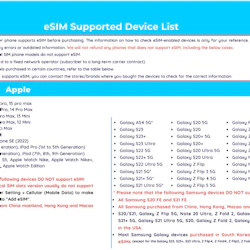 eSIM-stödd enhetslista för Apple och Samsung. Inkluderar kompatibla modeller och en ansvarsfriskrivning om enheter som inte stöder eSIM.