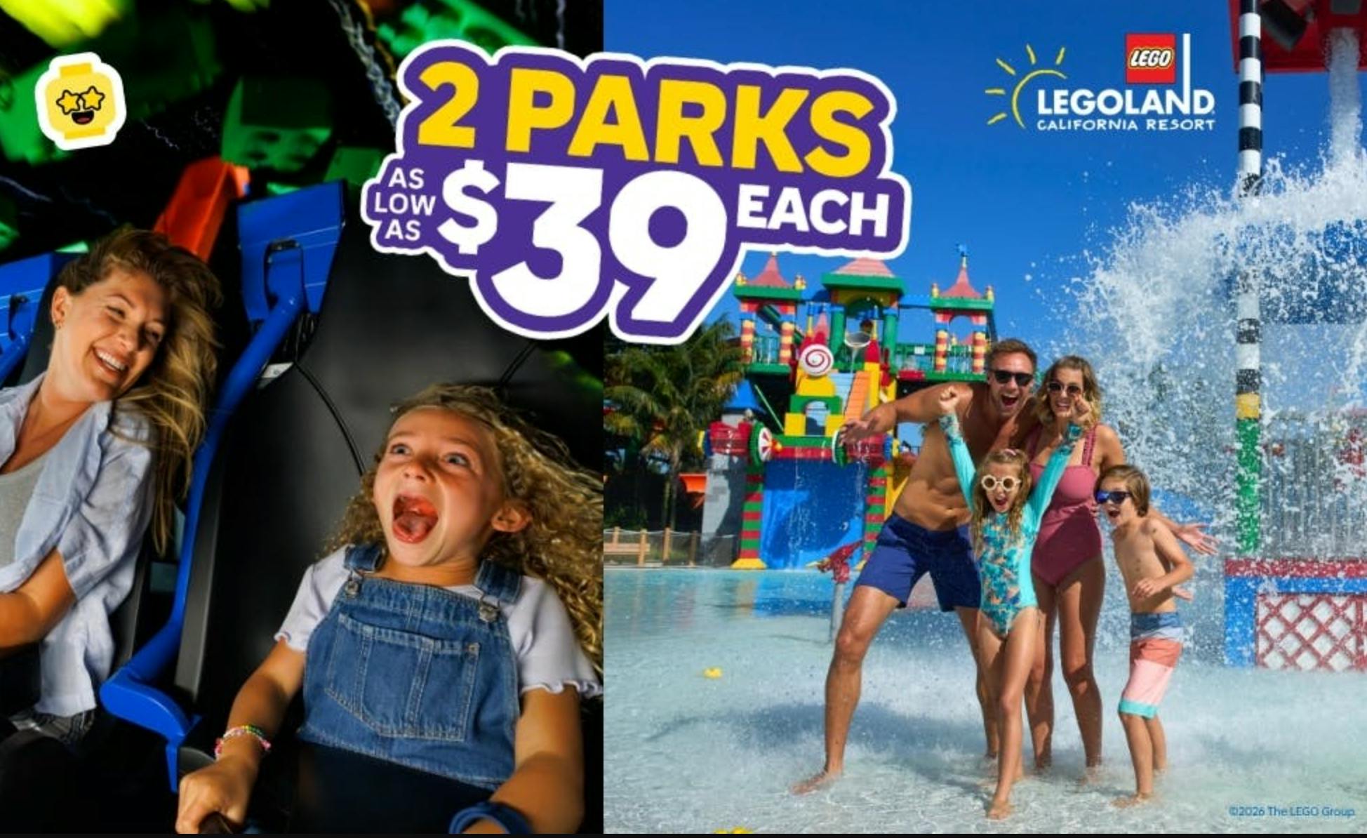 Une image promotionnelle montrant une mère et son enfant profitant d'une attraction dans un parc d'attractions et d'une scène dans un parc aquatique, accompagnée d'une offre tarifaire valable pour les deux parcs.