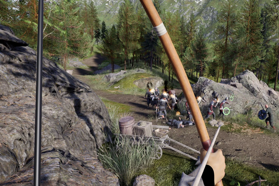 A first-person view of a bow being aimed at a group of figures engaged in a skirmish on a forest path near a cart and barrels.