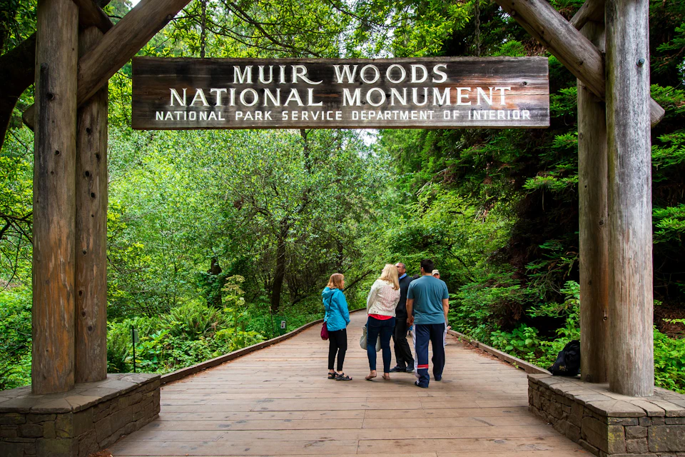 Four people stand on a wooden pathway under a "Muir Woods National Monument" sign, surrounded by lush greenery.