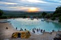 Pinguini africani dai piedi neri al tramonto