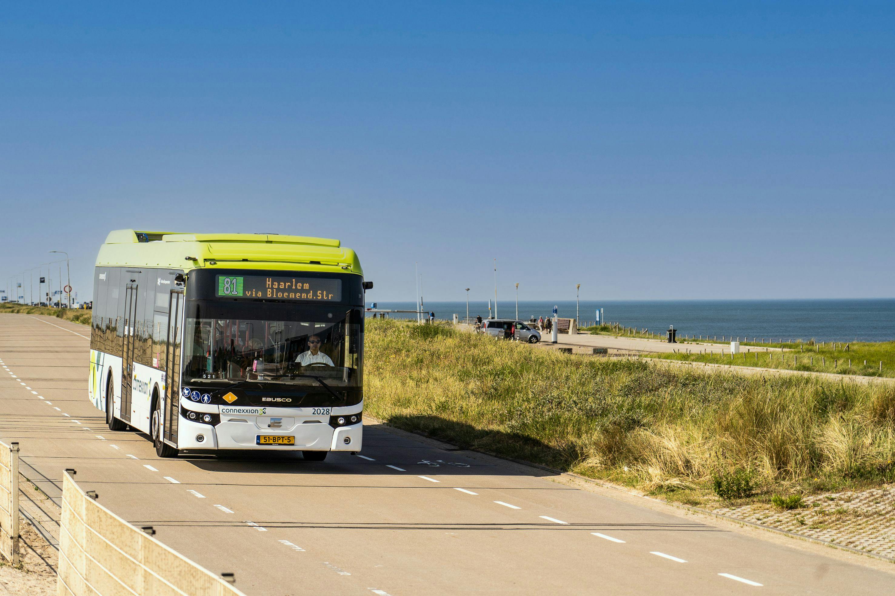 Ένα δημόσιο λεωφορείο με αριθμό διαδρομής 81 προς το Χάαρλεμ οδηγεί σε έναν παραλιακό δρόμο με καταπράσινους αμμόλοφους και τη θάλασσα στο παρασκήνιο.