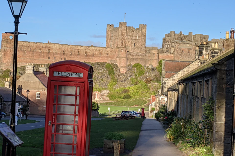 The town of Bamburgh with a view of the castle.