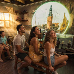 A group of people sit on wooden benches in a room with a projected image of a historic tower and ships on the wall.