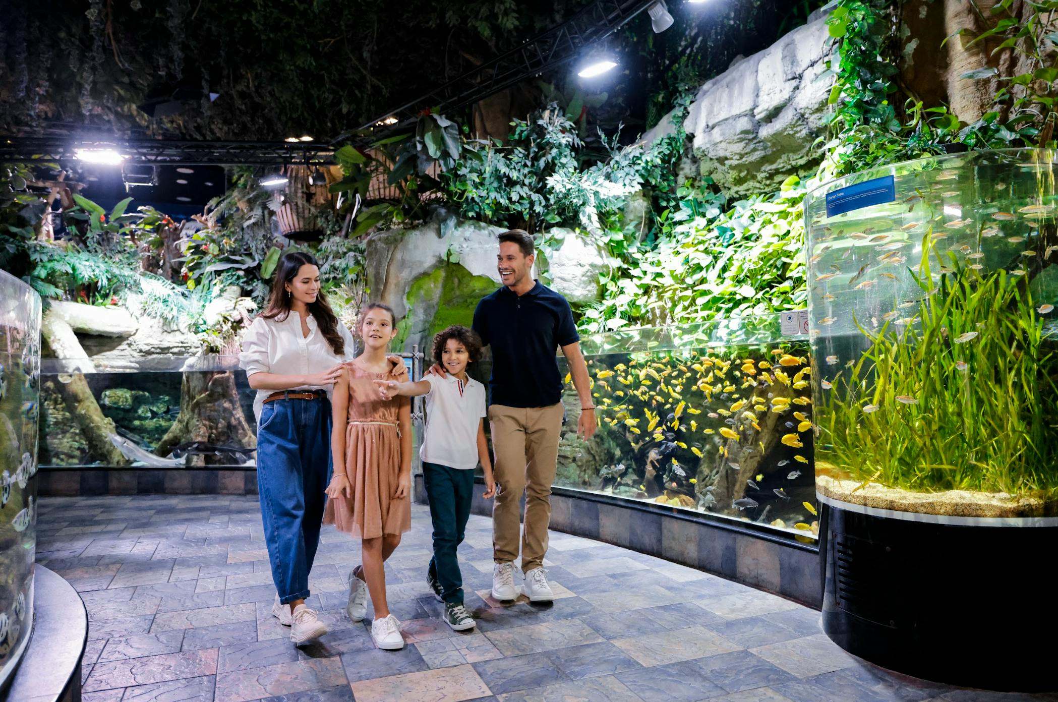 A family of four walking together in an indoor aquarium setting surrounded by lush greenery and fish tanks.