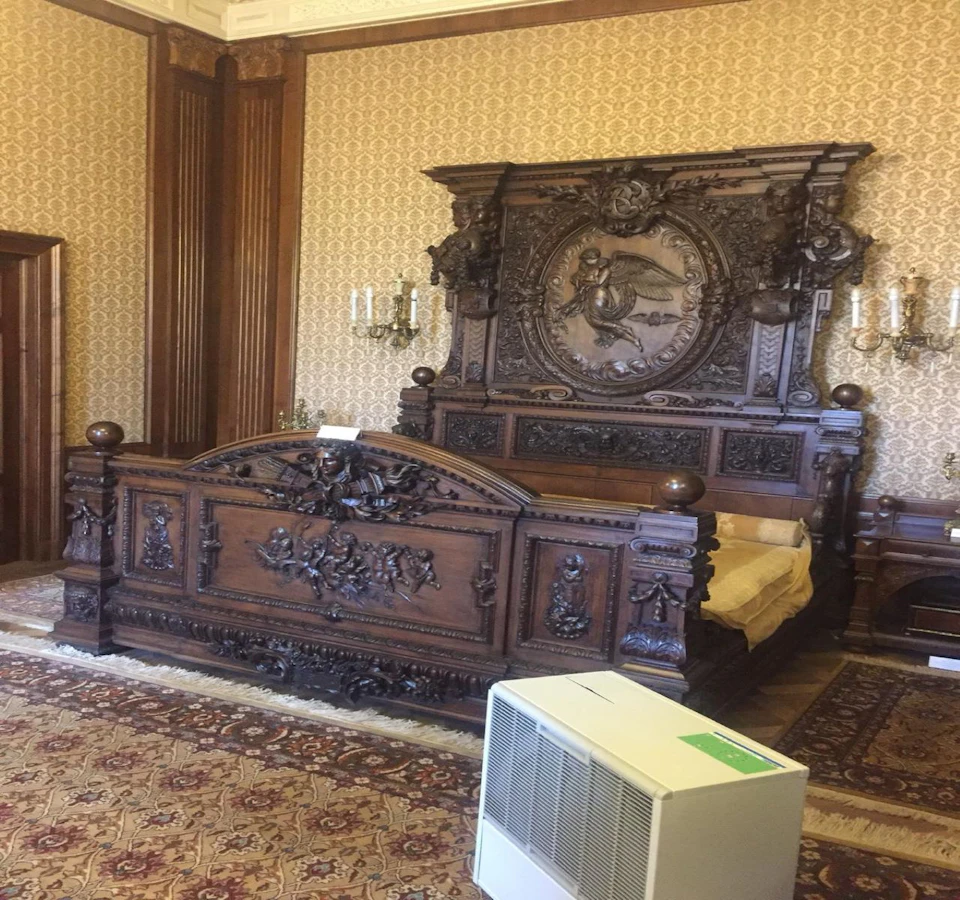 Ornately carved wooden bed with intricate designs in a room with patterned wallpaper, a Persian rug, and an air purifier.