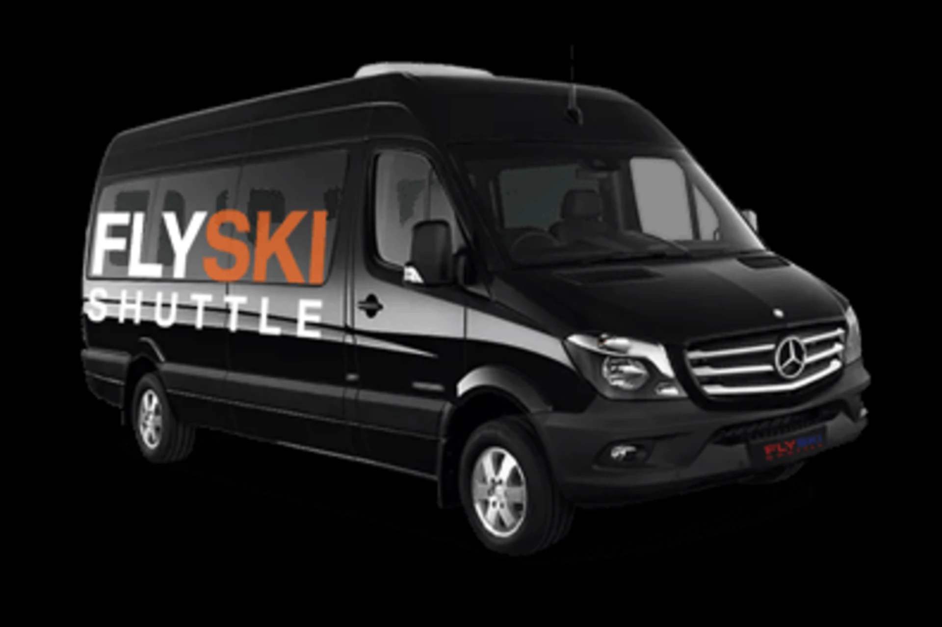 Black shuttle van with "SKI" and "SHUTTLE" in orange and white text on side, on a black background.