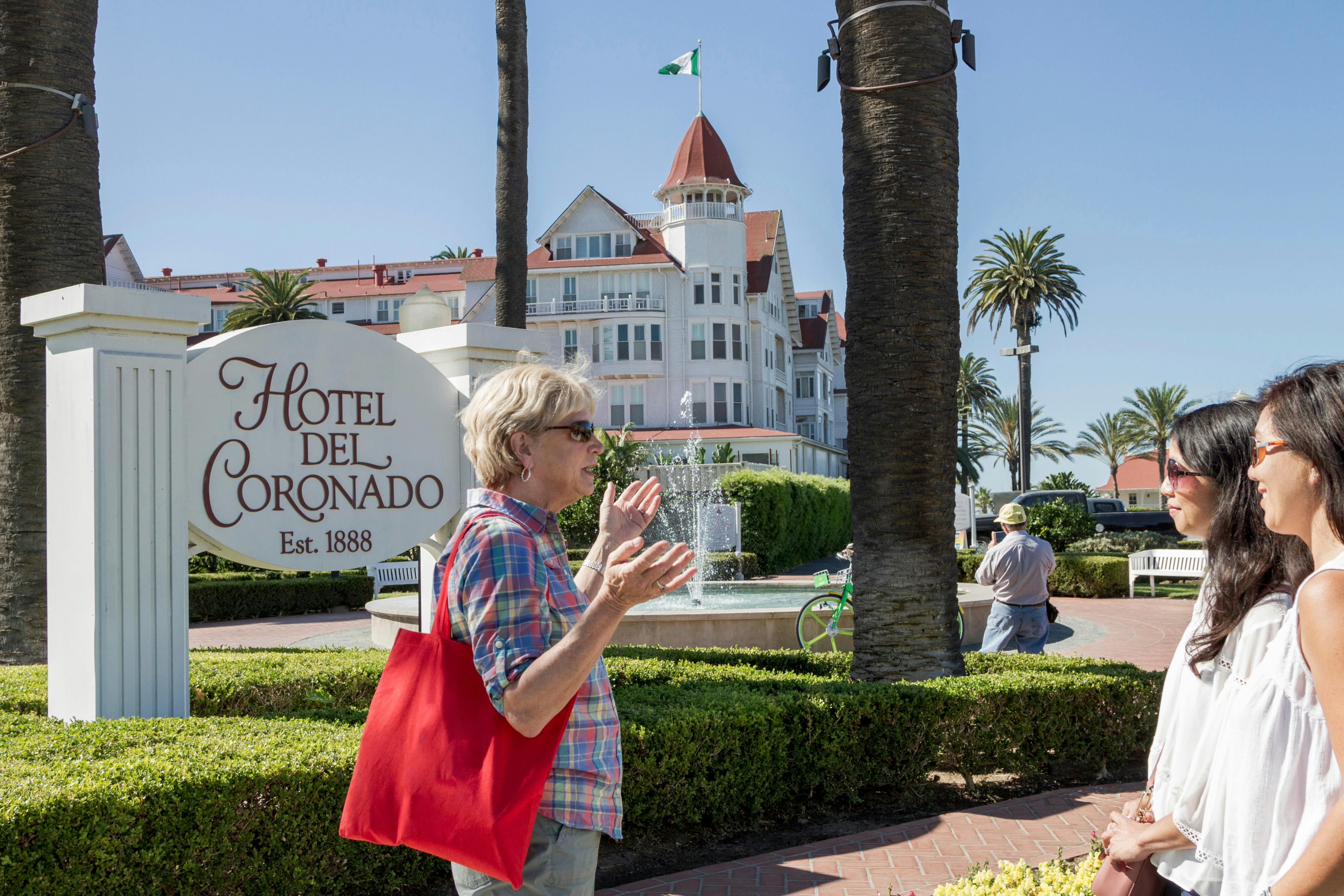 Front sign and facade of the Hotel del Coronado with San Diego Walks