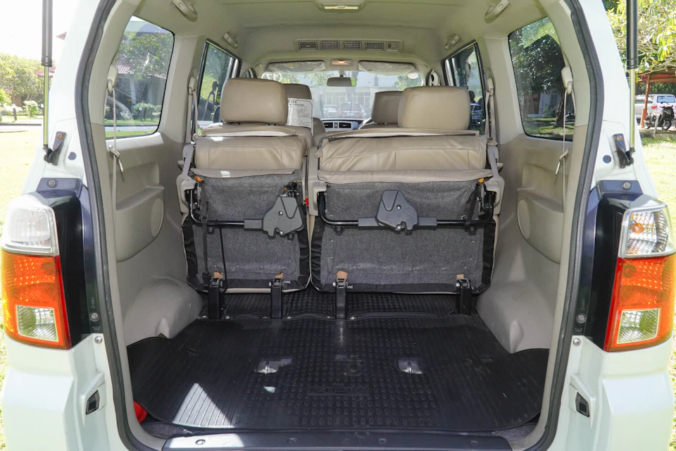 Interior view of a vehicle's rear cargo area with folded rear seats, showcasing the spacious storage space.