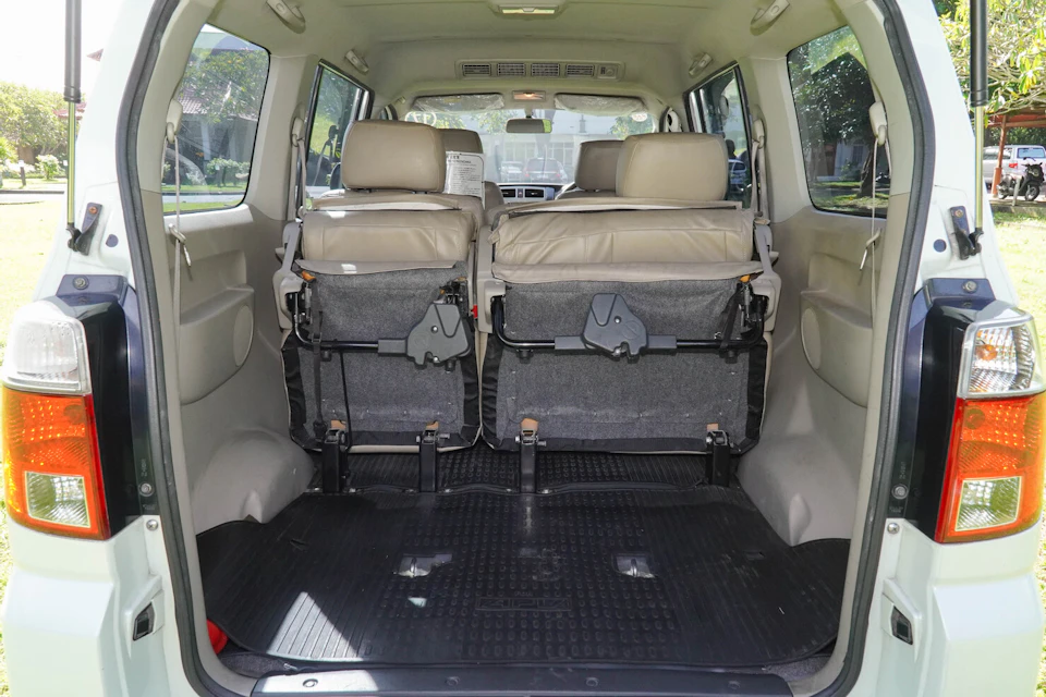 Interior view of a vehicle's rear cargo area with folded rear seats, showcasing the spacious storage space.
