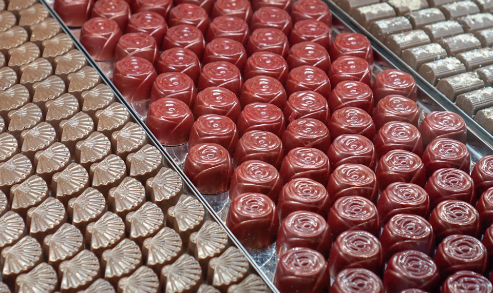 Rows of neatly arranged chocolate candies in various shapes and colors, including brown roses and beige shells, displayed in a tray.