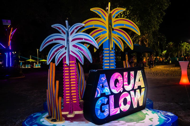"Aqua Glow" 문구와 야자수 디자인이 돋보이는 다채로운 간판으로 야외에서 야간 조명을 받습니다.