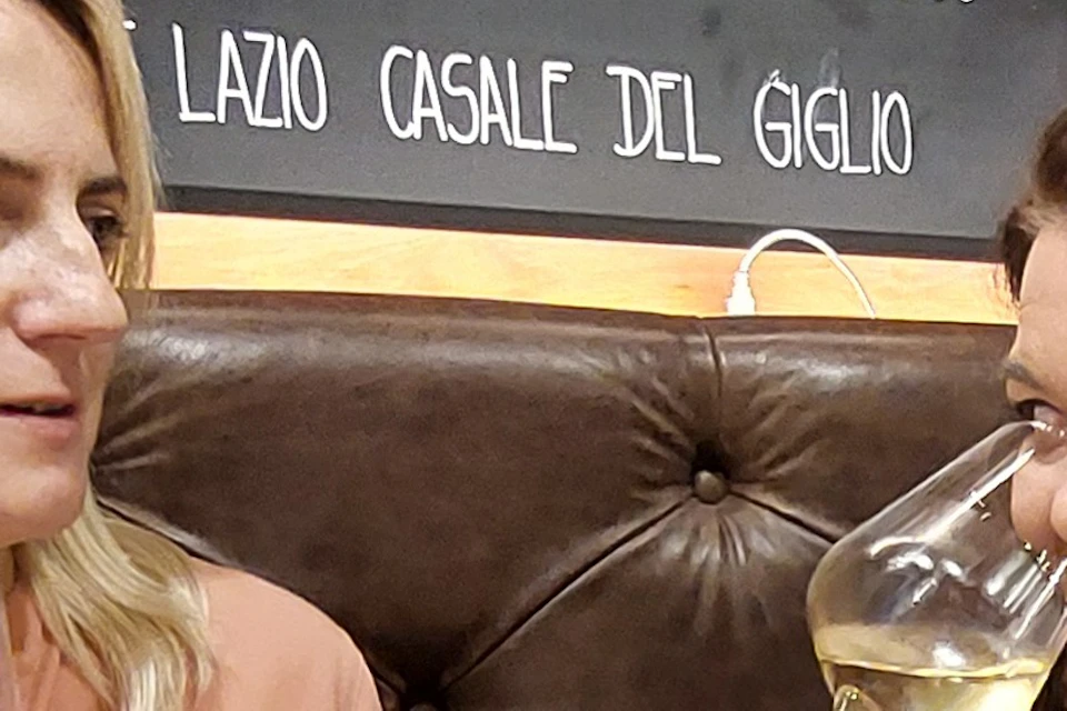 Two women are sitting at a table with wine glasses and a cheese platter, engaging in conversation and enjoying their drinks.