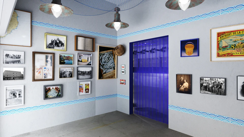Room with framed pictures, a basket of fish, and blue decor. Blue striped door with an industrial light hanging above.