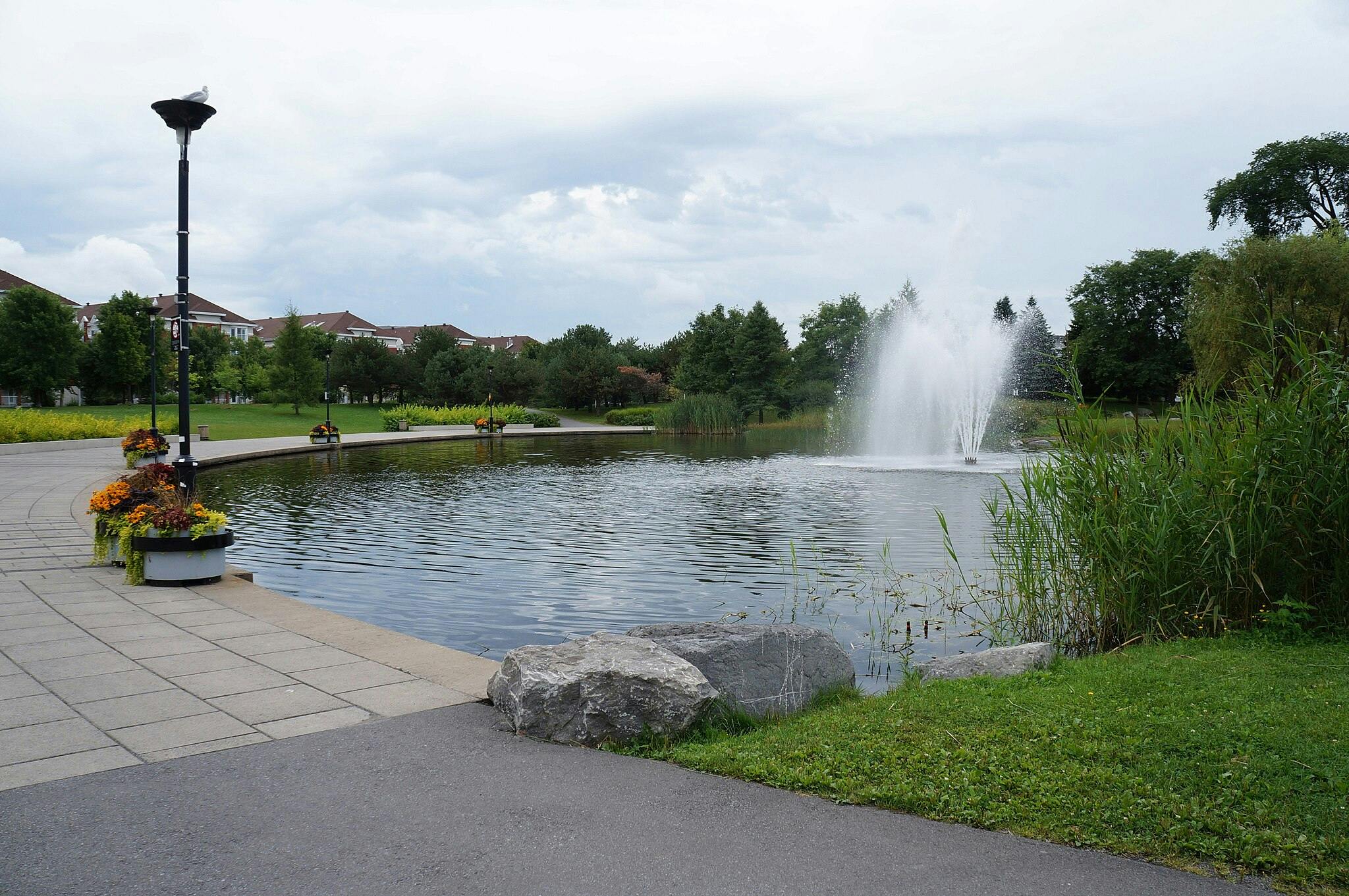 Un parc avec un étang, une fontaine, un chemin de promenade, des fleurs, des arbres, des rochers et une mouette perchée sur un lampadaire.