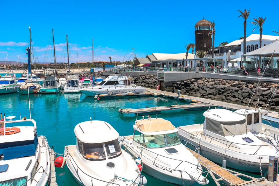 Docked boats in a marina with a stone building, shops, and a café in the background under a clear blue sky.