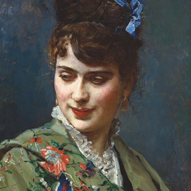 一位女士的肖像，面包上饰有蓝色丝带，穿着花卉披肩和蕾丝衣领，凝视着身边。