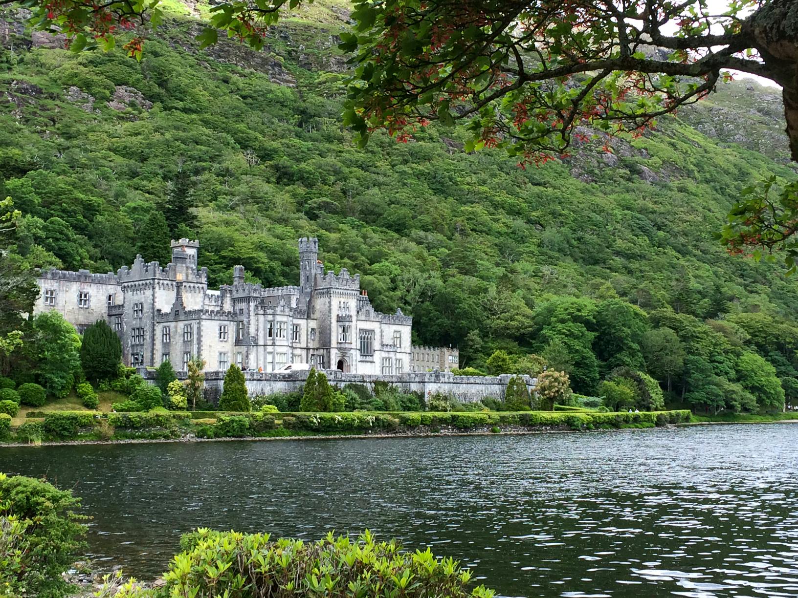 커다란 석조 성은 빽빽한 푸른 숲과 언덕으로 둘러싸인 고요한 호수에 자리 잡고 있으며, 나뭇가지가 현장을 둘러싸고 있습니다.