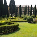 Well-manicured garden with tall cypress trees, hedges forming patterns, a statue in the distance, and historic buildings behind.