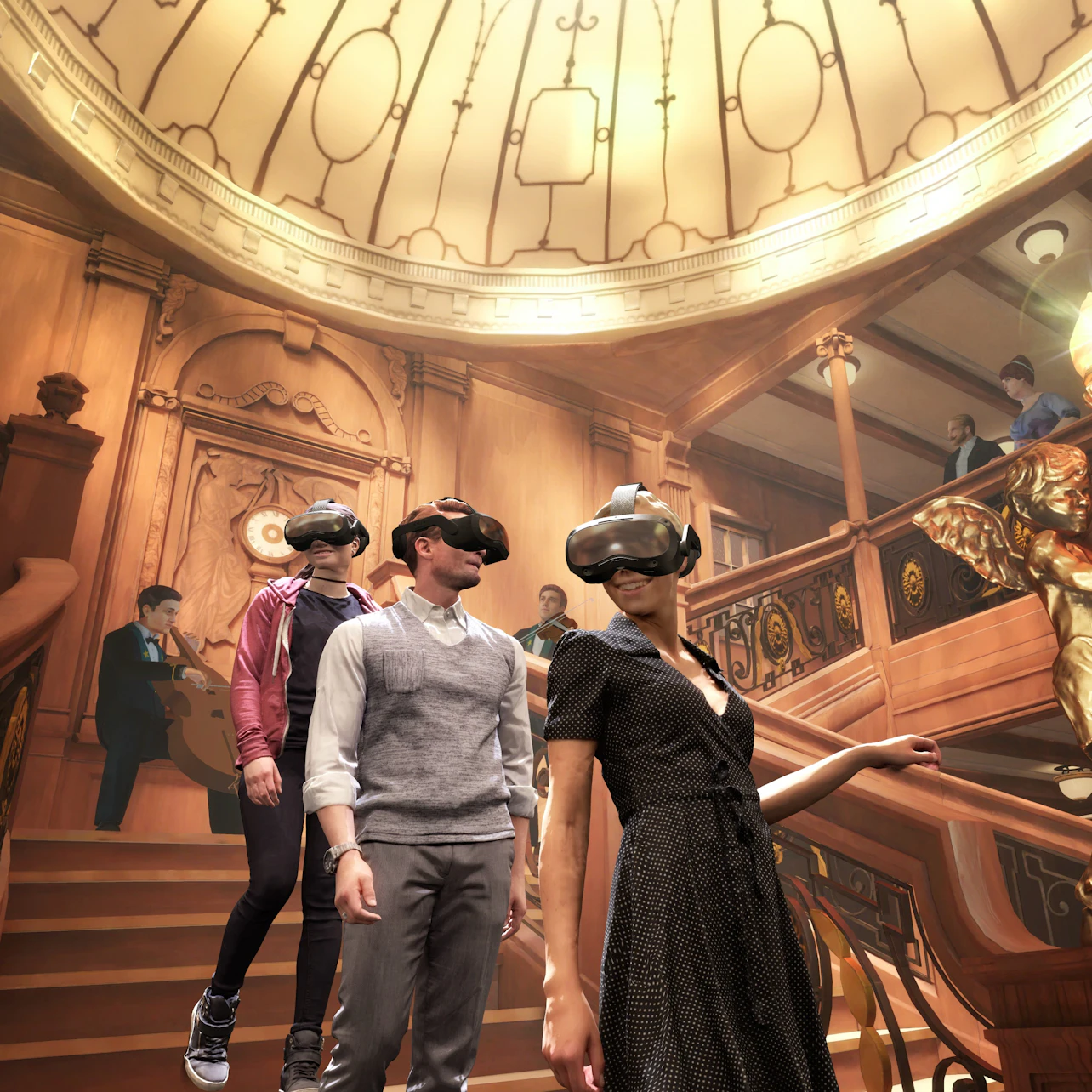 People wearing VR headsets in an ornate room with a grand staircase and decorative lighting.