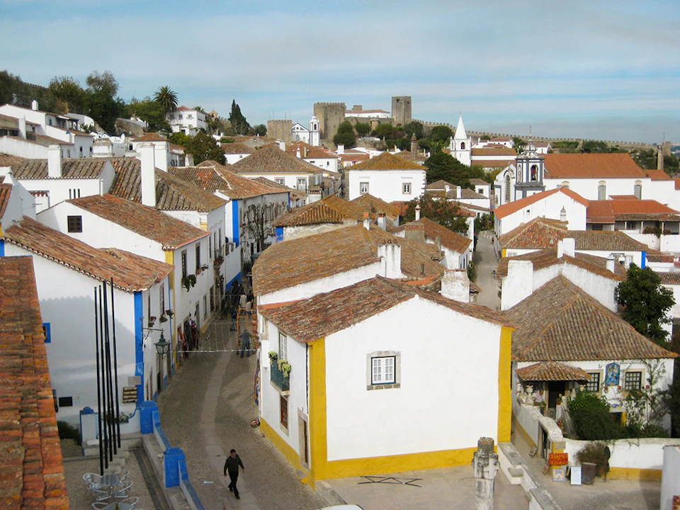A quaint village with white houses, brown tiled roofs, narrow streets, and a castle in the background under a blue sky.
