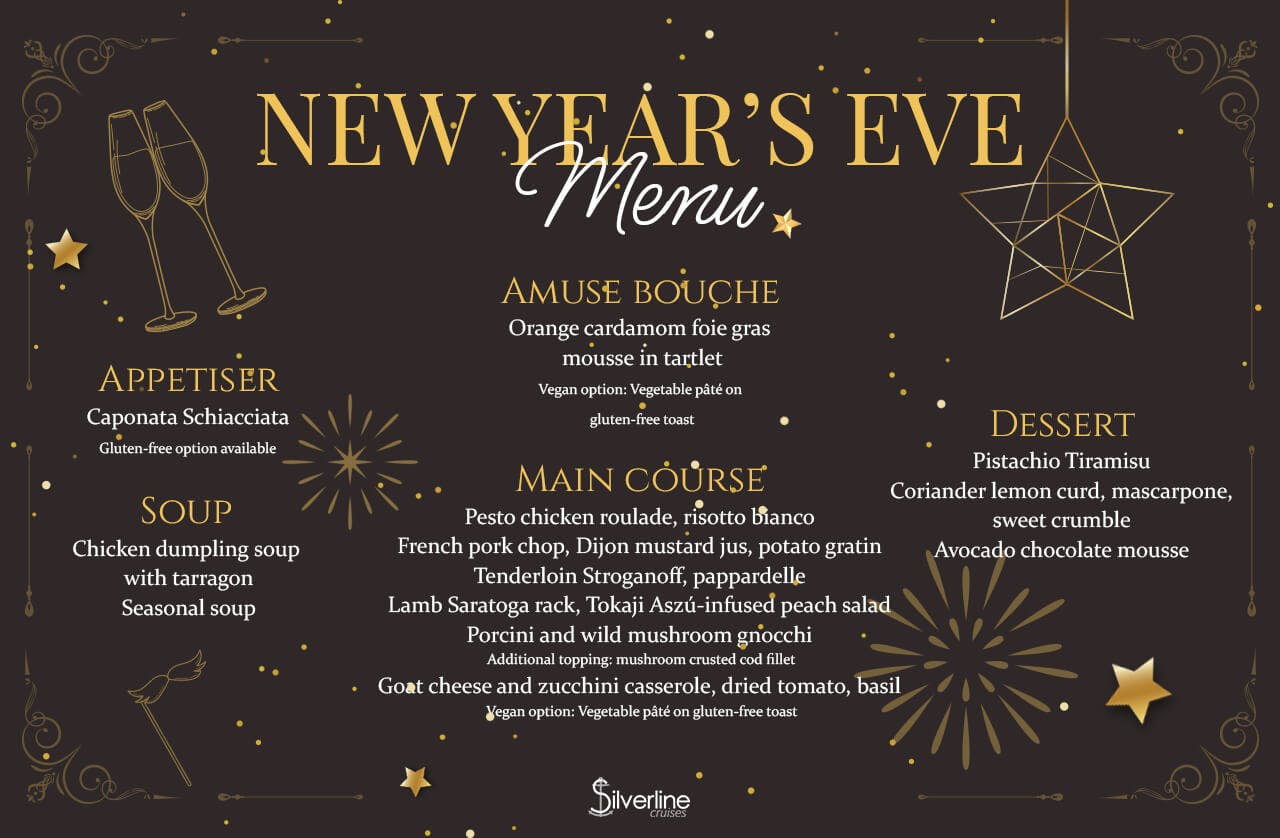 새해 전야 갈라 디너 & 크루즈 메뉴에는 다양한 스타터, 메인, 디저트가 나열된 5코스 식사가 있습니다.