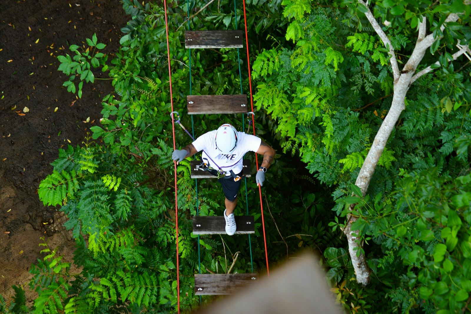Persona con casco y arnés cruzando un puente de cuerda con tablones de madera, rodeado de denso follaje verde.