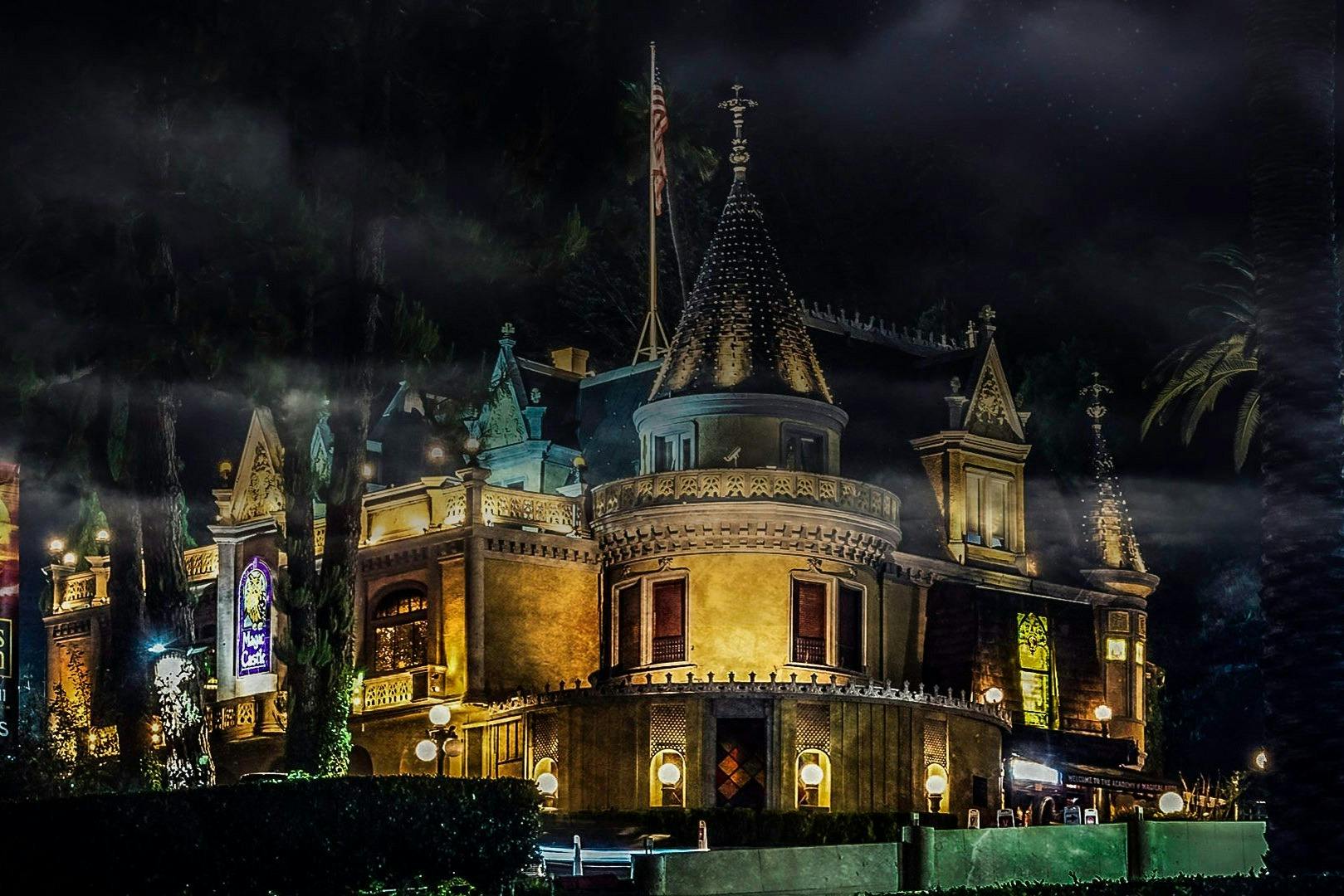 Nighttime photo of The Magic Castle in downtown LA.