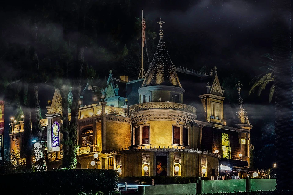 Nighttime photo of The Magic Castle in downtown LA.