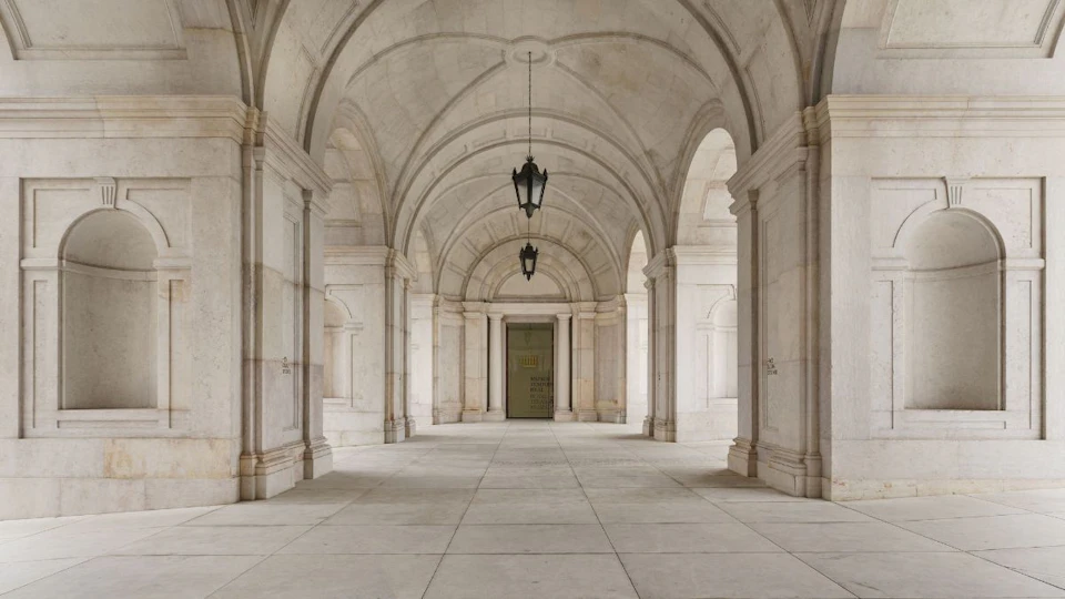 A grand arched hallway with stone pillars and two hanging lanterns leading to a large closed door at the end.