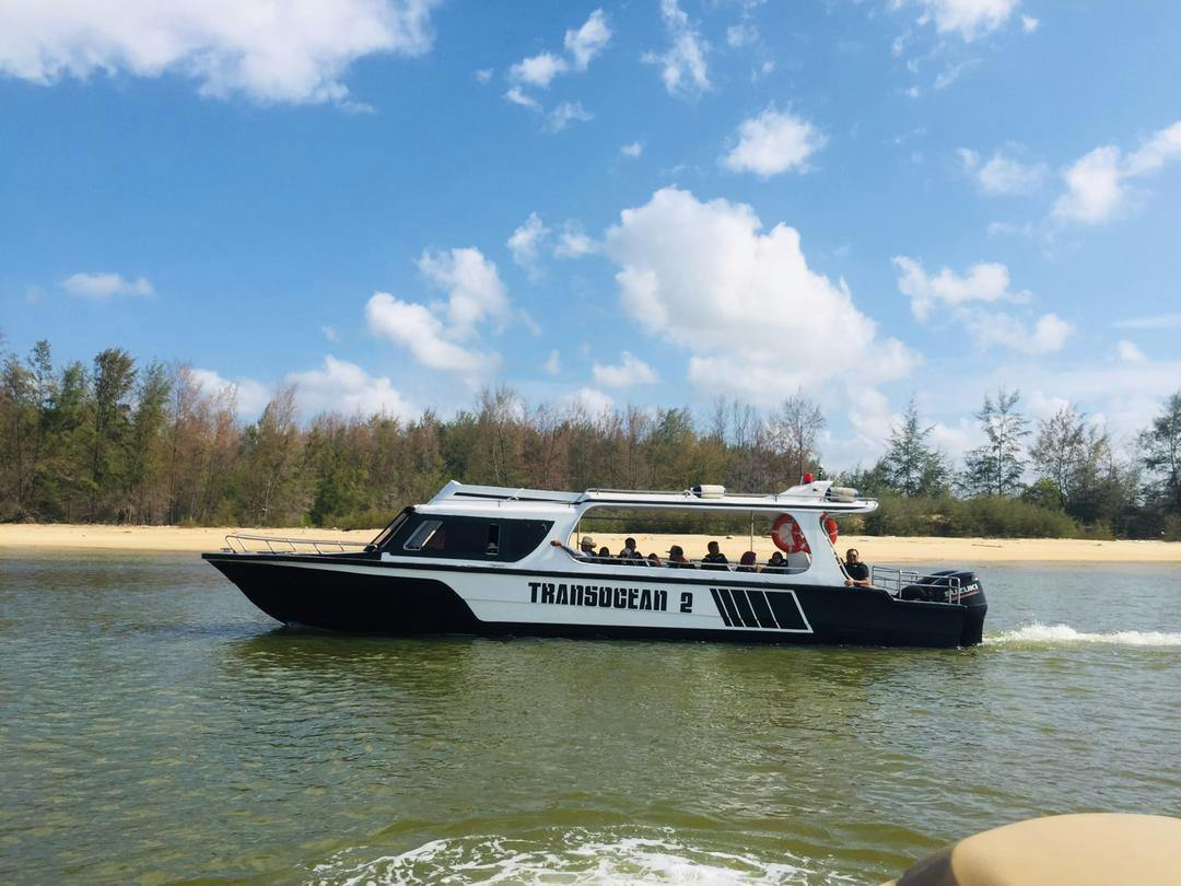 Łódź rekreacyjna o nazwie Transocean 2 na spokojnej wodzie w pobliżu piaszczystej plaży z drzewami, pod słonecznym błękitnym niebem.