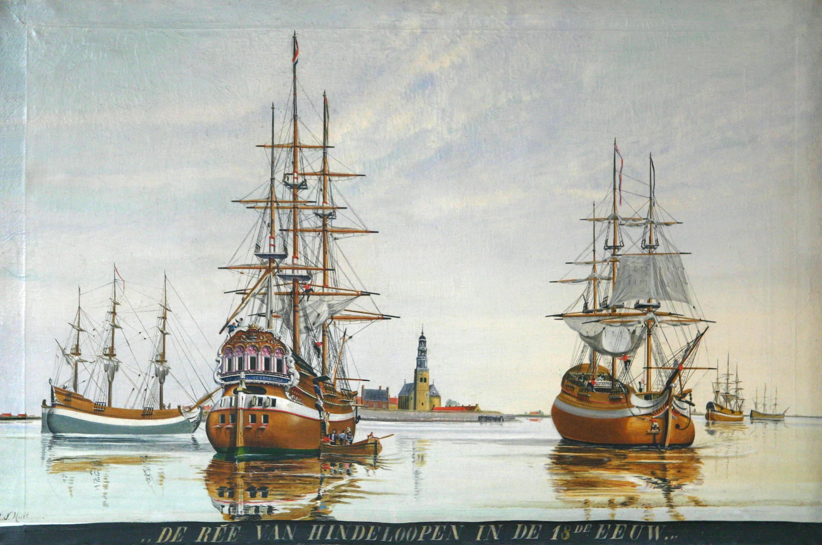 Two tall sailing ships with complex rigging docked near a town with a prominent church tower in the background.
