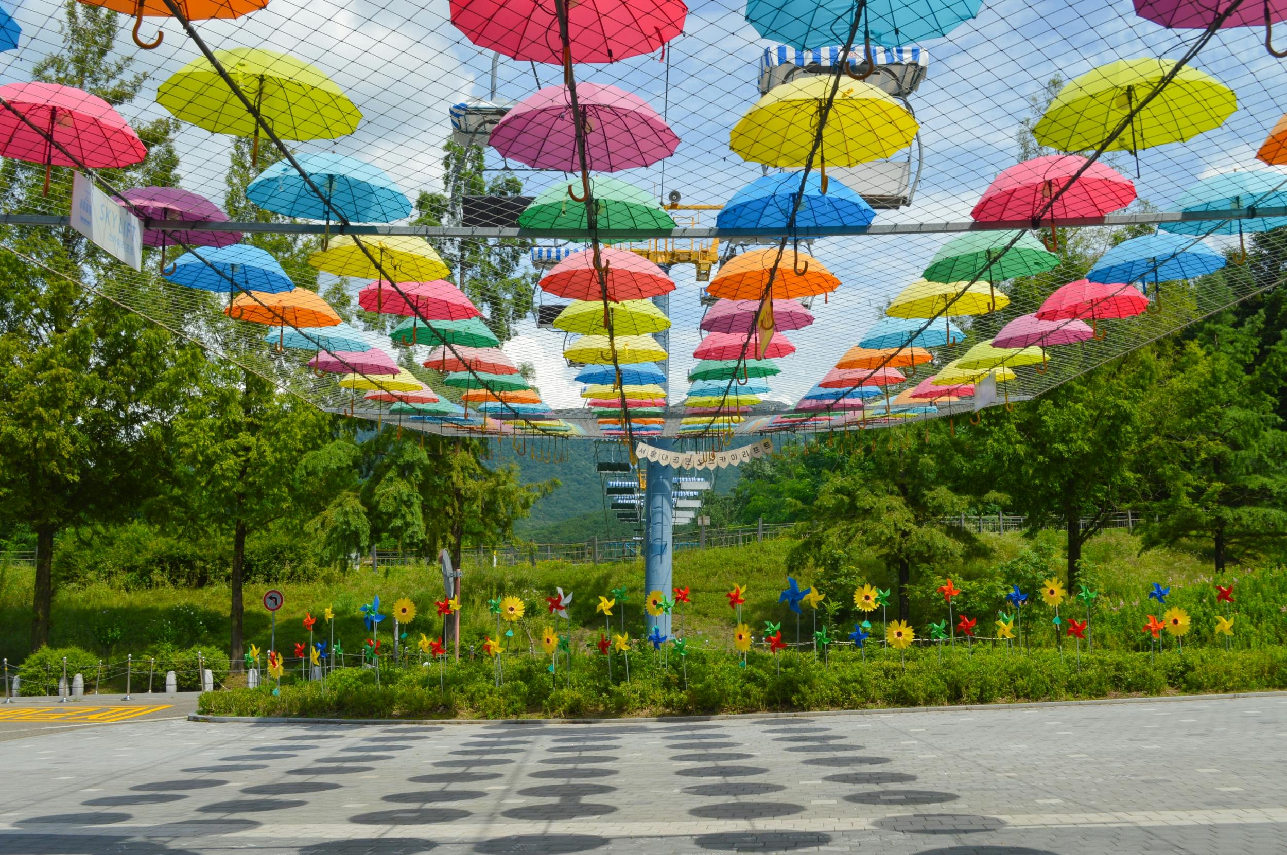 A canopy of colorful umbrellas suspended over a paved area with flower decorations and greenery in the background.