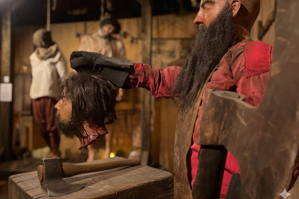 테이블 위에 도끼가 놓인 희미하게 빛나는 장면, 마네킹 머리를 들고 있는 수염을 기른 형상, 배경의 형상.